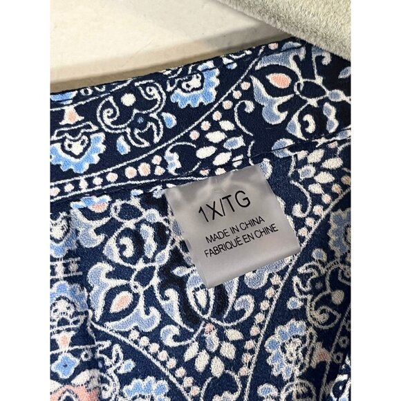 Retro Floral Tunic Top Blue 1X Boho Preppy Classic Chic Western Work Wear Artsy - Picture 6 of 10